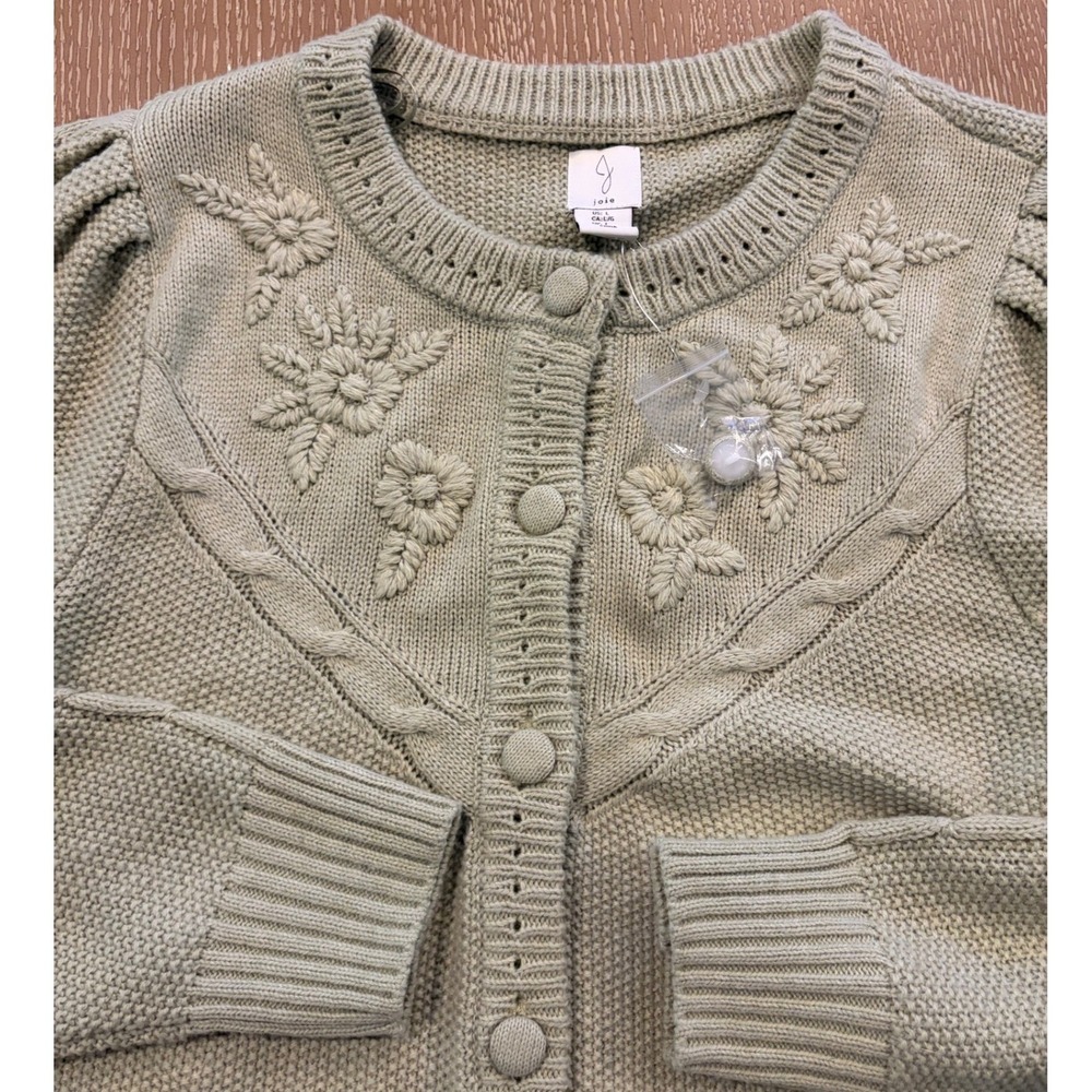 Joie Women's Large Green Embroidered Floral Cardigan Sweater Wool Blend New - Picture 2 of 7